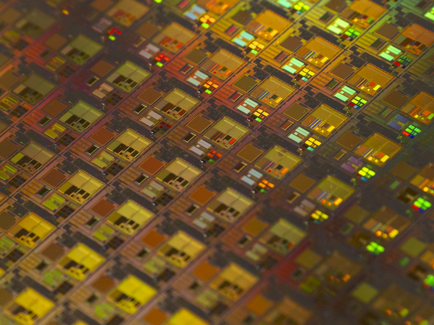 Close-up of a silicon die showing fabricated patterns